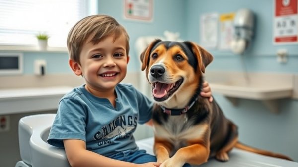 Young boy with therapy dog in hospital after Michigan children's vaccines.