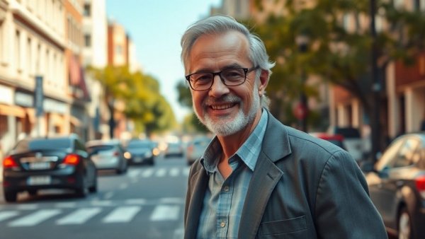 Confident older man in urban street, Michigan homes for sale atmosphere.
