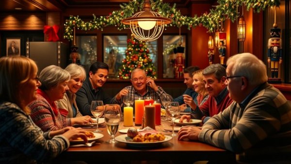 Family dining in Michigan restaurant with Christmas decorations.