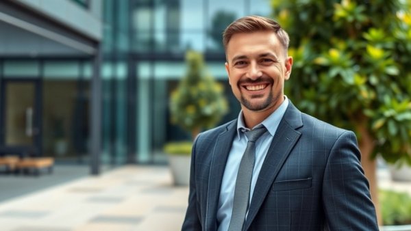 Confident man in a suit outdoors, managing their own destiny, business setting.