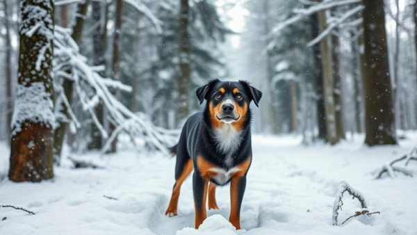 TurfMutt Foundation's tips for pet safety in winter featuring a dog in a snowy forest.
