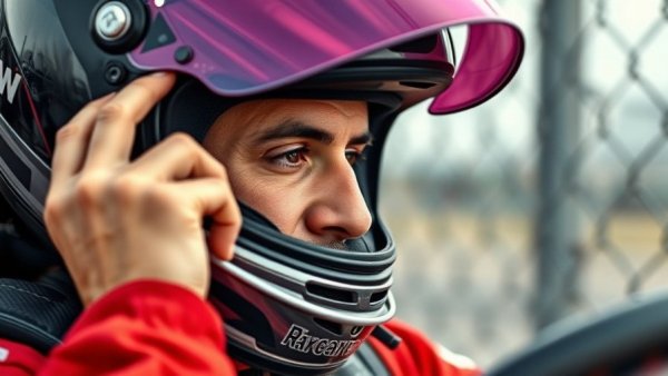 Focused racecar driver adjusting helmet near track fence.