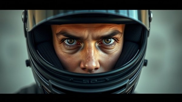Close-up of intense gaze through black racing helmet.