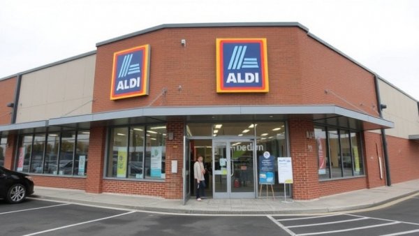 Modern Aldi store exterior with customer, part of 2026 expansion.