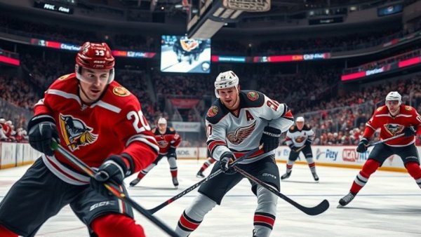 Action shot of Red Wings vs Bruins NHL game on ice with players in motion.