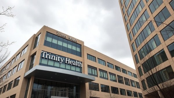 Trinity Health building in Michigan, cloudy day scene.