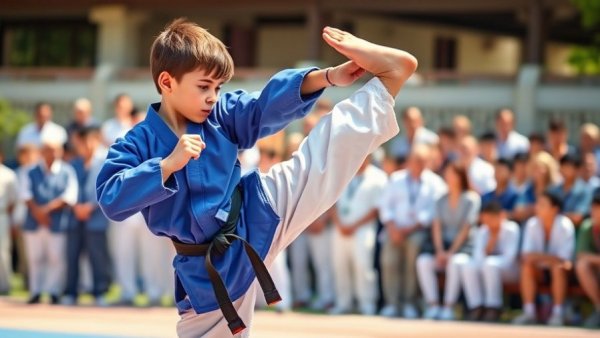 Kids practicing Taekwondo, developing essential skills outdoors.
