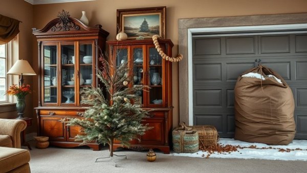 Sparse dead tree in living room and outdoors in Shelby, Michigan.
