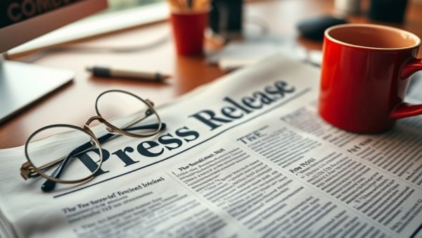 Close-up of press release with coffee cup on desk