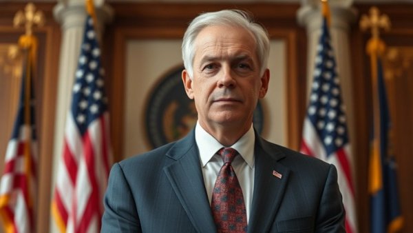 Formal portrait of a senior man in front of American flags related to mental health fines insurance companies.