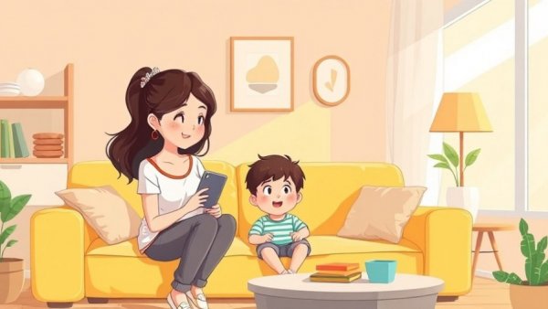 Illustration of a woman and child playing in a living room.