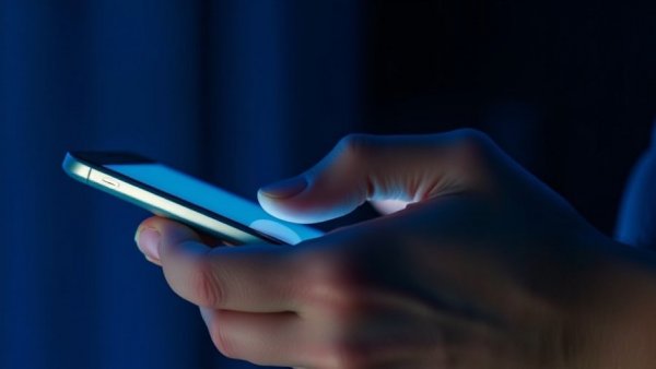 A hand holding a smartphone in dim blue light reflecting mental health chatbot interaction.