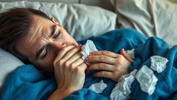 Man with flu symptoms in bed during extreme flu season 2026.