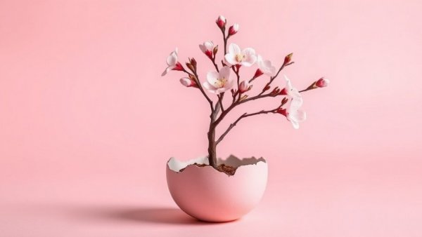 Cherry blossom tree in pink egg symbolizing cancer survival rates.