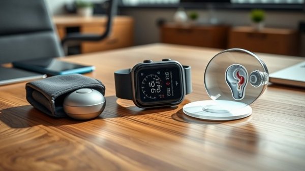 Cuffless blood pressure monitoring devices in a modern office setting.