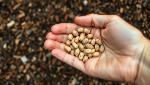 Close-up of hand with organic fertilizer pellets on mulch background.