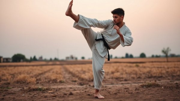 Individual practicing high kick in outdoor Shotokan karate training.