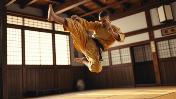 Karate practitioner in traditional karate dojo in Gurnee performing a jump kick.