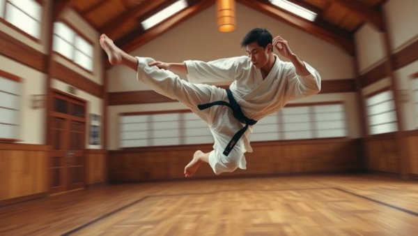 Martial artist performing airborne kick at karate seminars Gurnee.