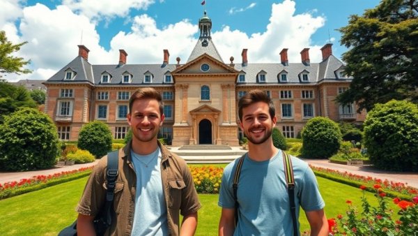 Two men standing in front of a historical building with gardens.