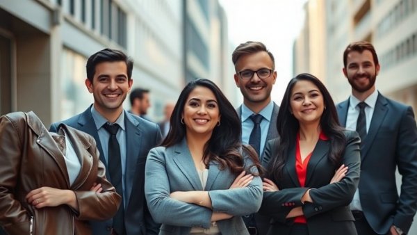 Smiling professionals in city street, local SEO service.