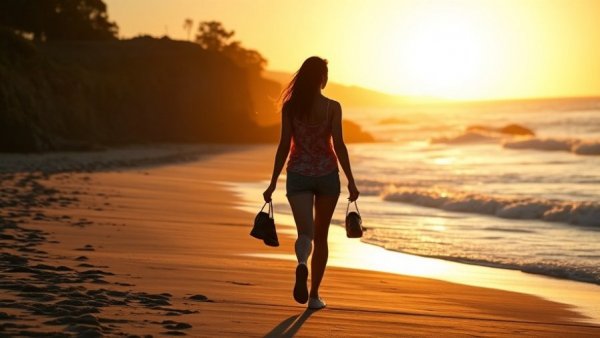 Serene beach walk at sunset, young woman in silhouette.