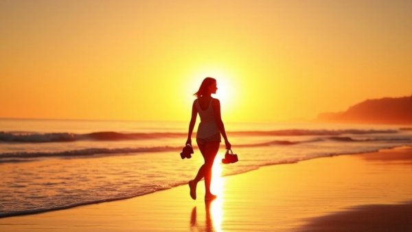 Woman walking on beach at sunset, serene scene.