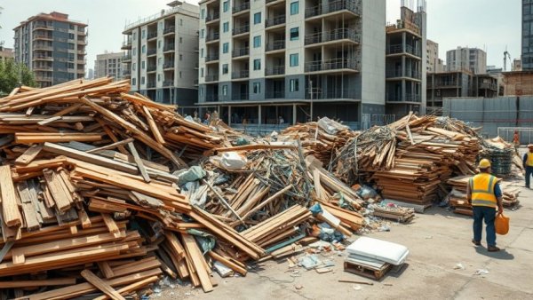 Michigan renovation waste management scene with organized debris and workers.