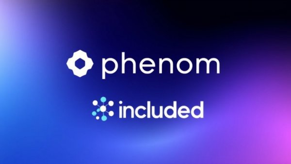Phenom and Included logos promoting predictive analytics with pastel gradient.