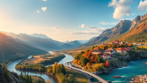 Vibrant cross-border tourism collage with diverse landscapes and activities.