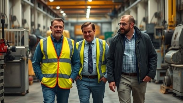 Men in discussion during factory tour related to Trump heckler incident in Ford factory Detroit.