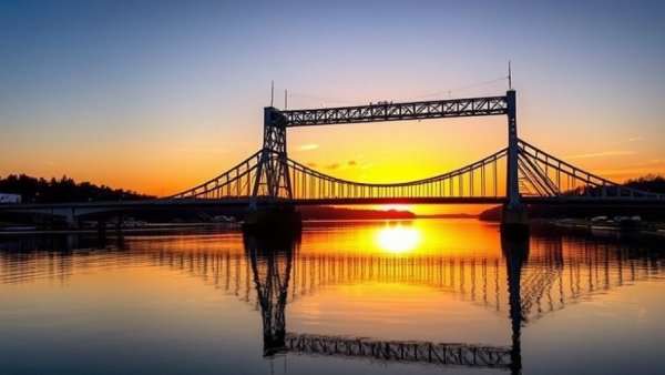 Sunset over Portage Lake Lift Bridge reflecting on water, Michigan energy.