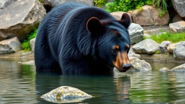 Majestic black bear drinking water for Michigan bear hunting conservation facts.