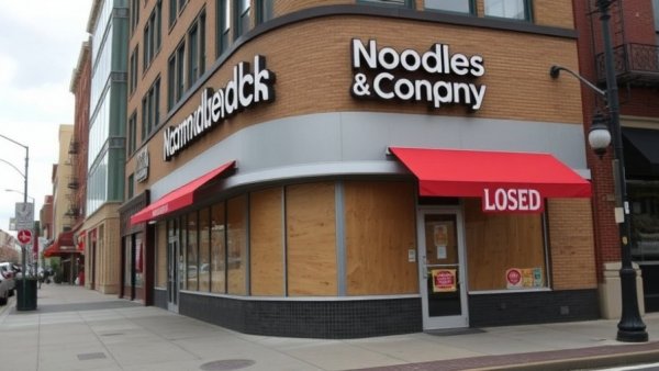 Closed Noodles & Company restaurant with boarded windows, indicating closures.