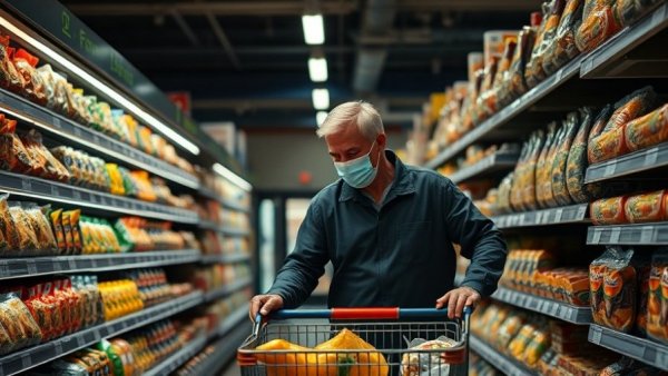 Shopper examines packaged foods in Michigan grocery store amid recall.