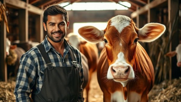 Young farmer with cow in barn receiving MDARD grants for county fairs.