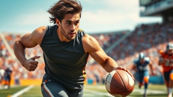 Broncos player running the ball vs. Bills in vivid orange jersey.