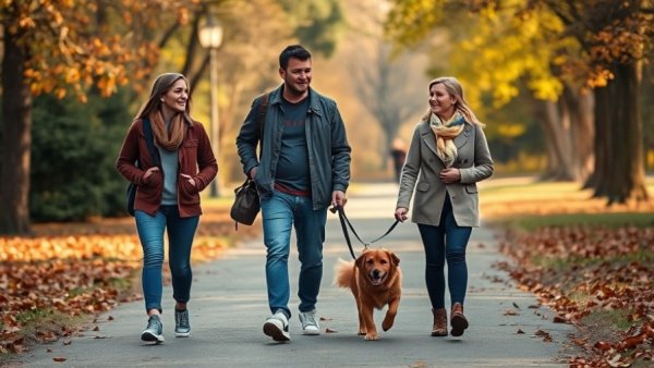 People walking with dog on park path, light activity benefits.