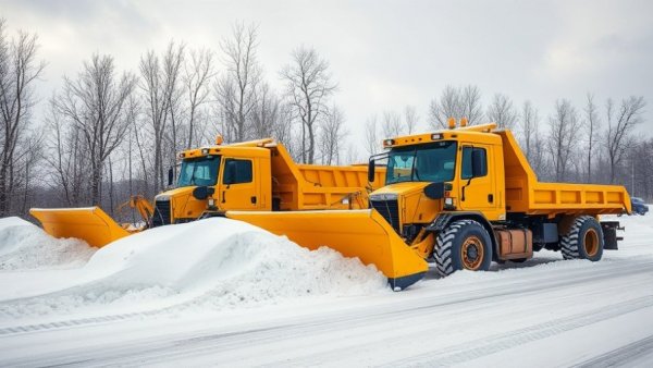 Snow removal services in Muskegon with large yellow snowplows clearing a road.