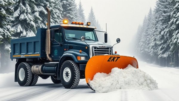 Snowplow clearing road in snowy Muskegon, dense snowfall.
