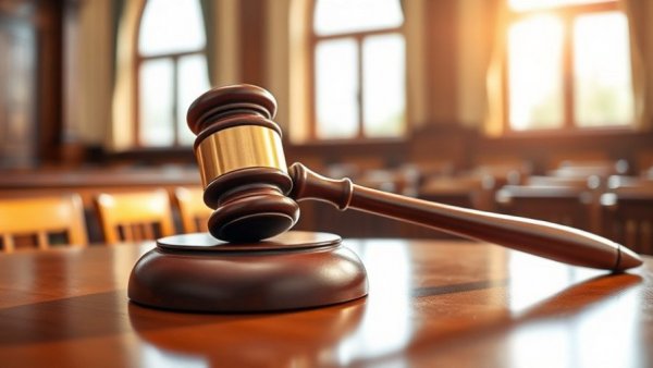 Wooden gavel in a sunlit courtroom representing justice.