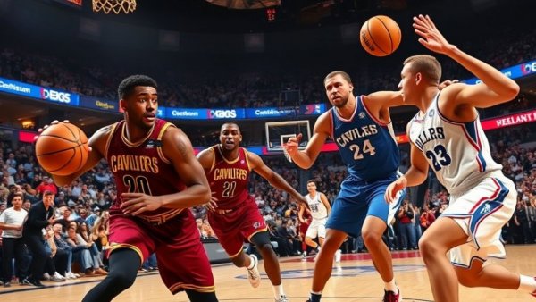 NBA game shot of Cavaliers vs 76ers with players in action.