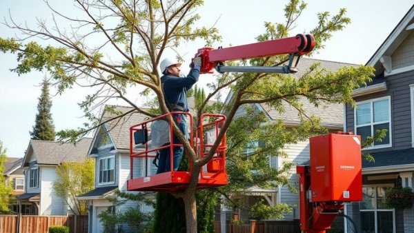 Arborist on hydraulic lift working in Hillsborough County neighborhood.