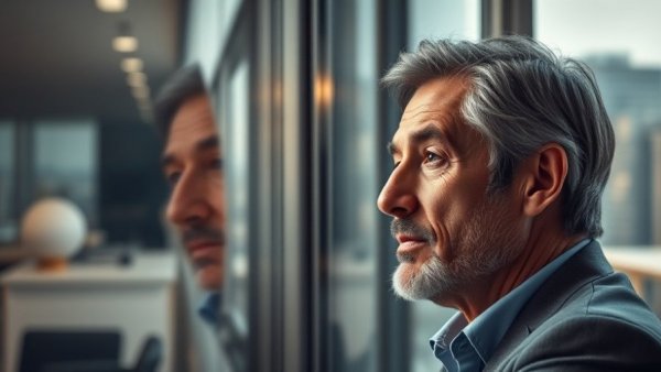 Mature man reflecting by a window, risk-taking behavior after disasters.