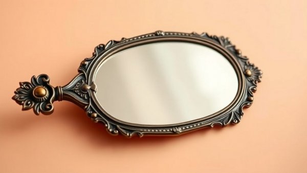 Elegant antique hand mirror with ornate handle on peach background.