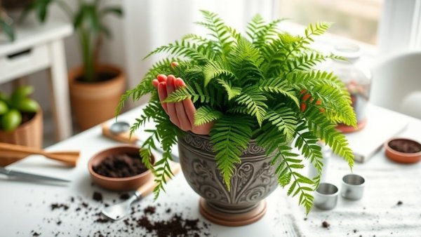 Hands tending Boston fern indoors, winter care tips.