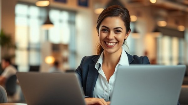 AI impacting retail for small businesses concept with businesswoman and laptop.