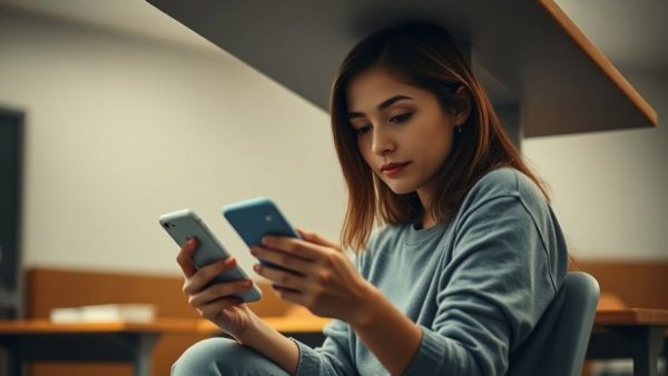 Student using phone in classroom amid Michigan cellphone ban.