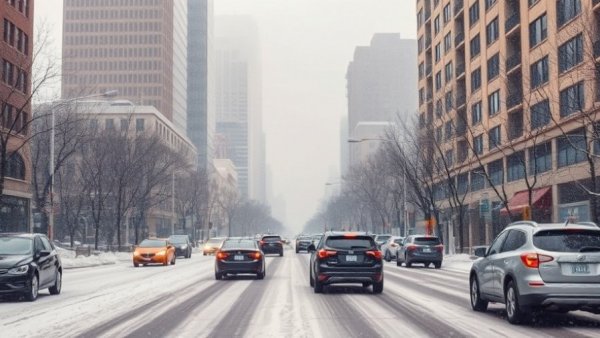 Urban street in Michigan covered in snow with travel advisory.