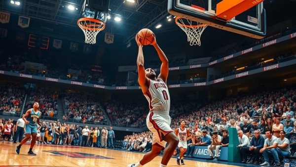Michigan Tech Huskies player shooting a basket, lively game action.